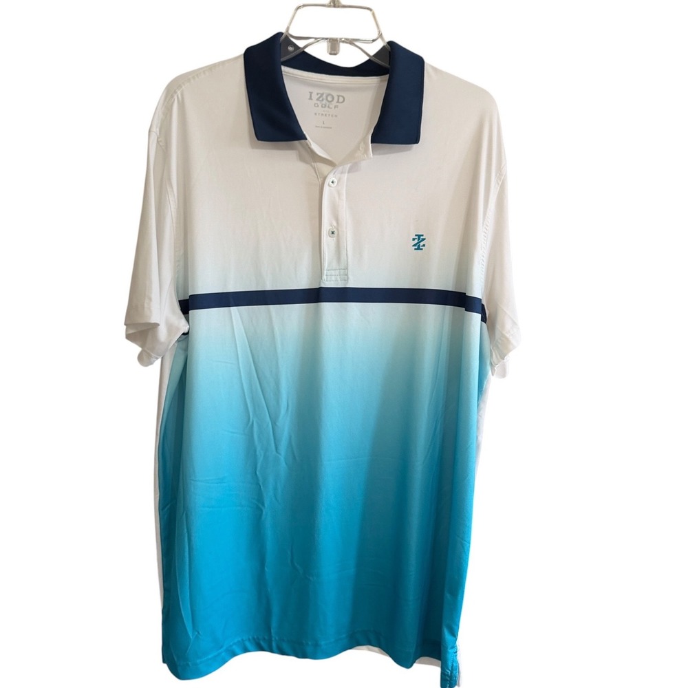 IZOD Golf Mens Sz Large Polo Shirt White Turquoise Ombre Stretch Performance